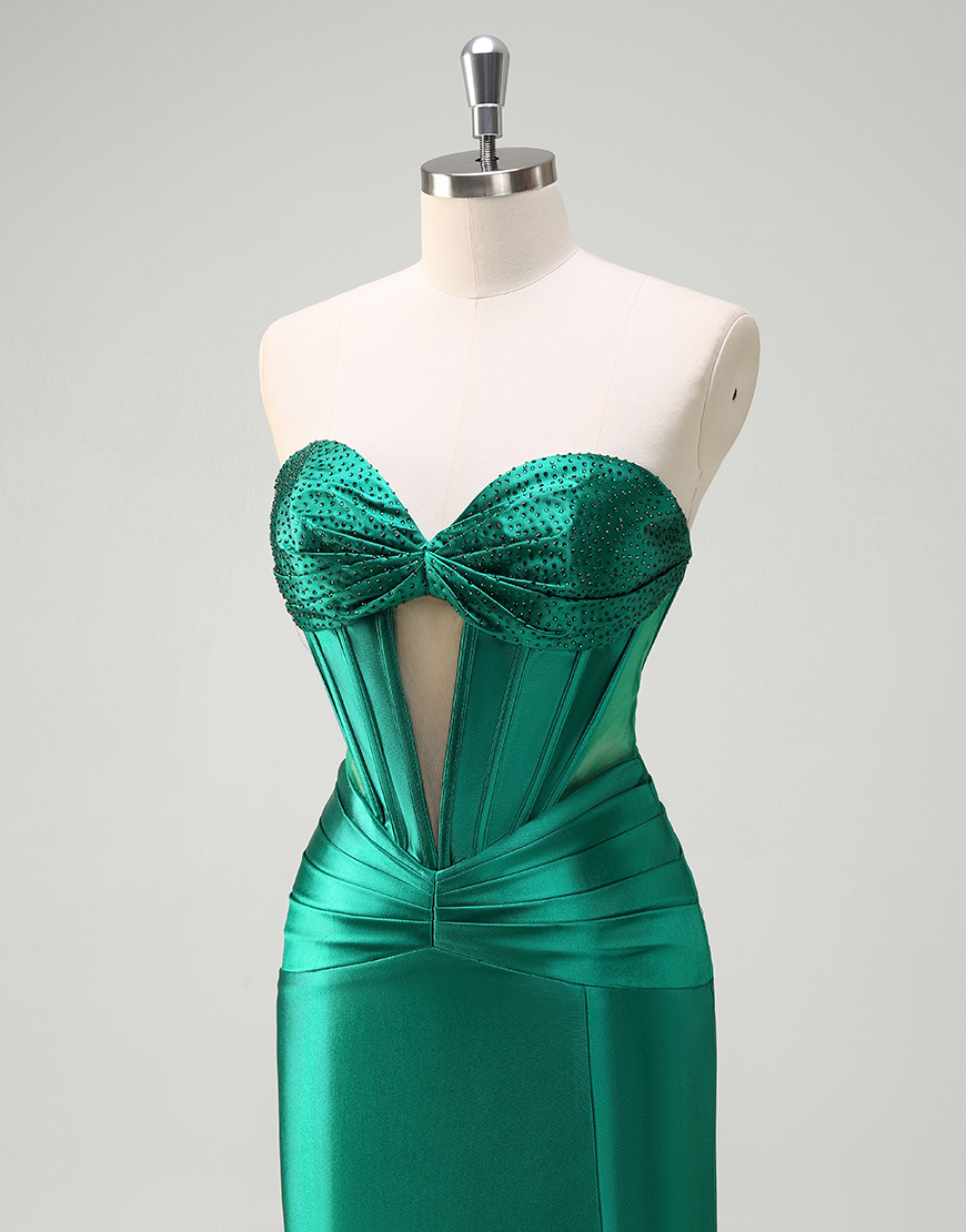 Mermaid Sparkly Dark Green Strapless Corset Satin Long Prom Dress with Slit