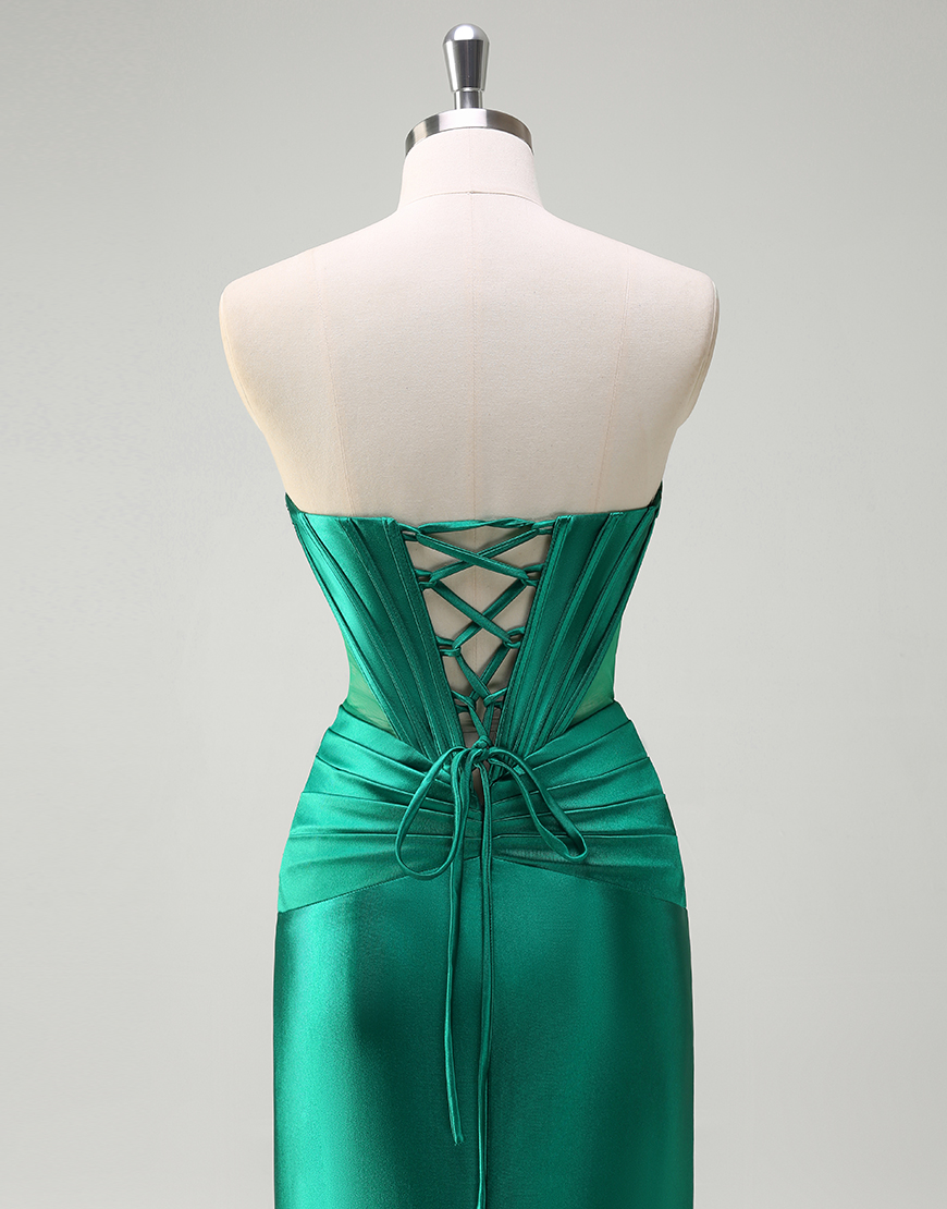 Mermaid Sparkly Dark Green Strapless Corset Satin Long Prom Dress with Slit