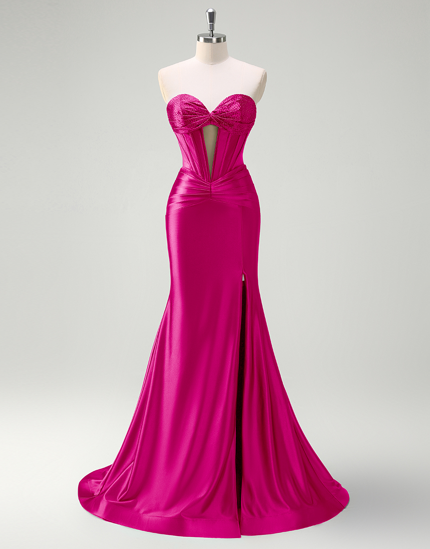 Mermaid Sparkly Dark Green Strapless Corset Satin Long Prom Dress with Slit