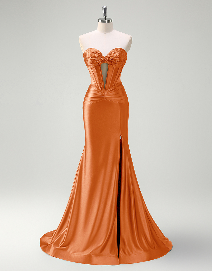 Mermaid Sparkly Dark Green Strapless Corset Satin Long Prom Dress with Slit