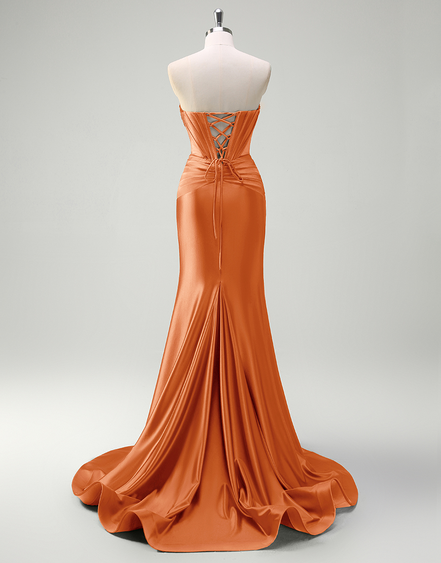 Mermaid Sparkly Dark Green Strapless Corset Satin Long Prom Dress with Slit