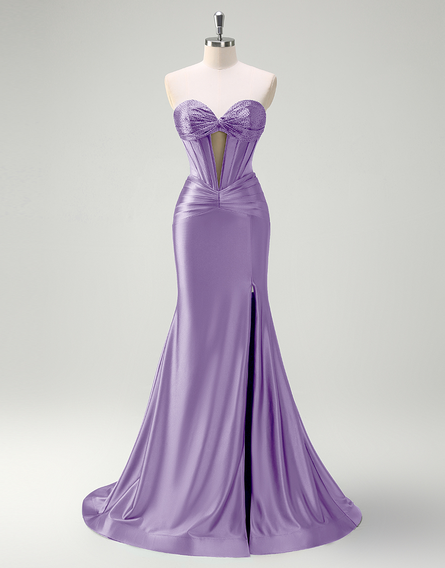 Mermaid Sparkly Dark Green Strapless Corset Satin Long Prom Dress with Slit