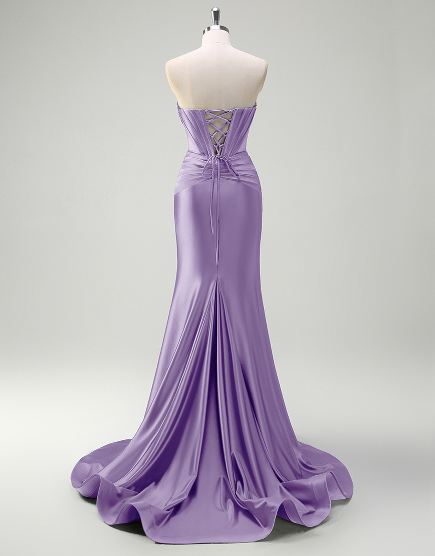 Mermaid Sparkly Dark Green Strapless Corset Satin Long Prom Dress with Slit