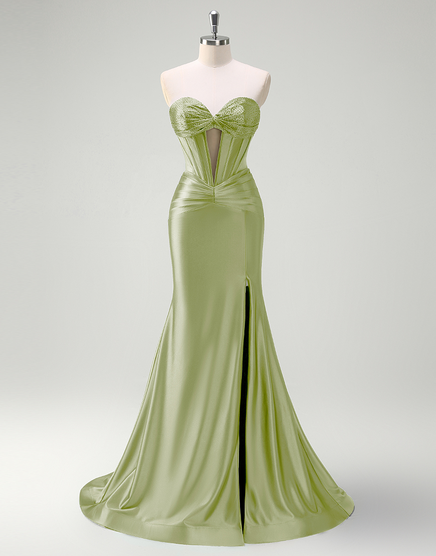Mermaid Sparkly Dark Green Strapless Corset Satin Long Prom Dress with Slit