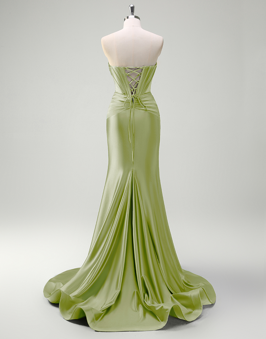 Mermaid Sparkly Dark Green Strapless Corset Satin Long Prom Dress with Slit