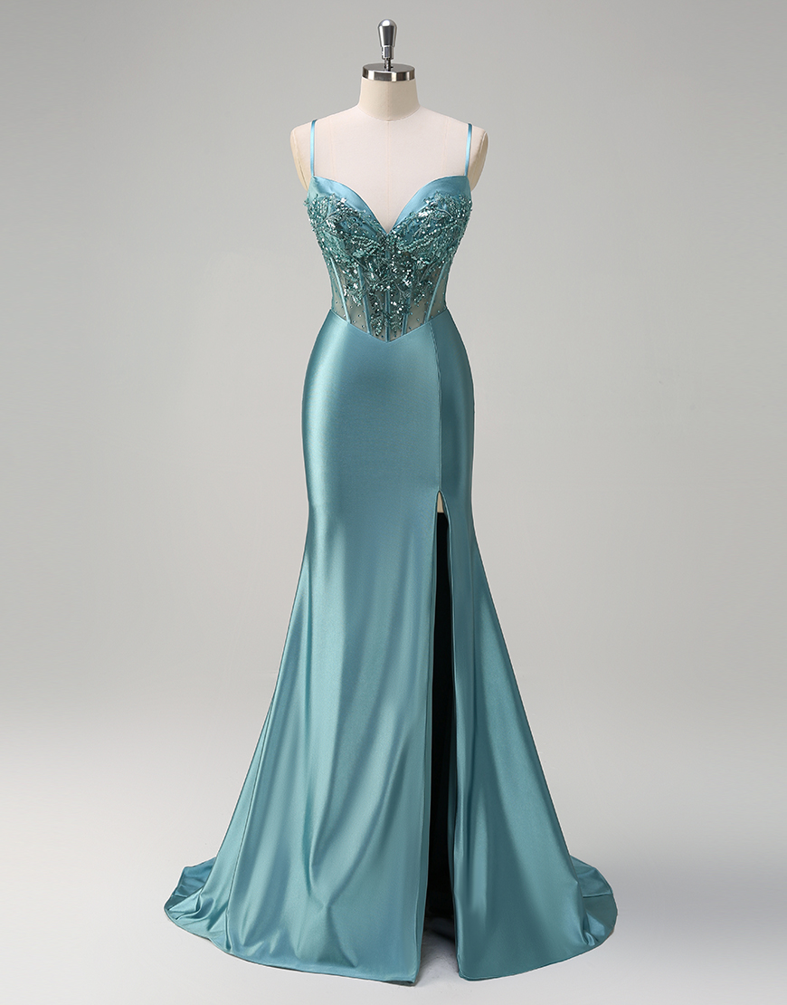 Sparkly Grey Green Mermaid Spaghetti Straps Sequined Corset Long Prom Dress with Slit