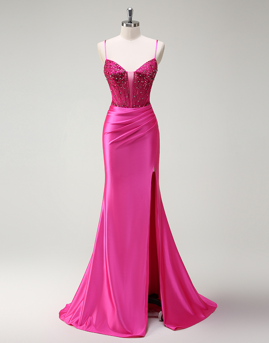 Sparkly Fuchsia A-Line Mermaid Spaghetti Straps Ruched Long Prom Dress with Slit