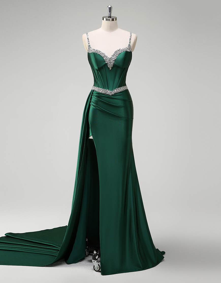 Sparkly Dark Green Mermaid Spaghetti Straps Satin Slit Long Prom Dress with Rhinestones 