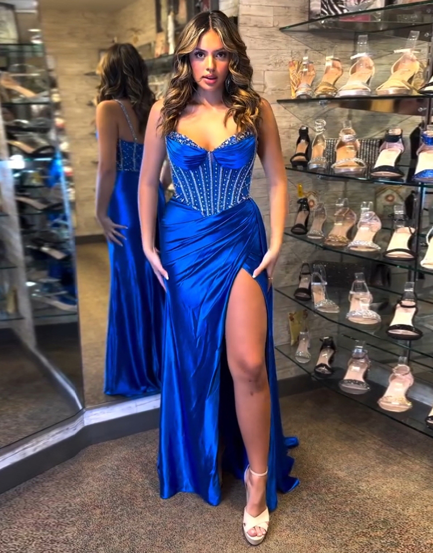 Sparkly Royal Blue Mermaid Spaghetti Straps Beaded Corset Satin Long Prom Dress with Slit