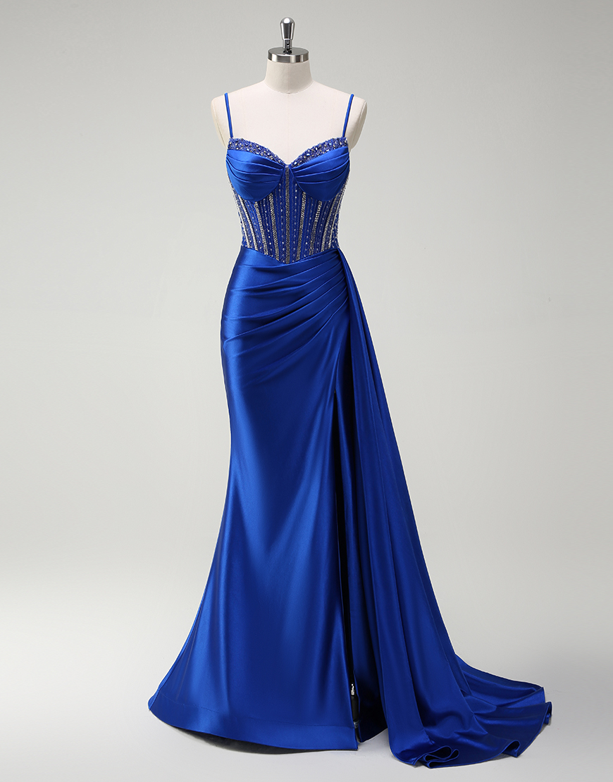Mermaid Sparkly Royal Blue Spaghetti Straps Corset Satin Slit Long Prom Dress with Beading