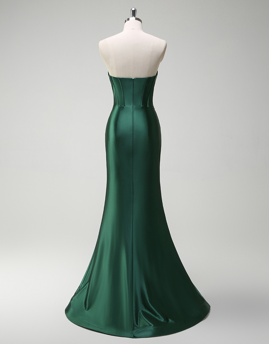 Sparkly Dark Green Mermaid Strapless Corset Satin Long Prom Dress with Slit