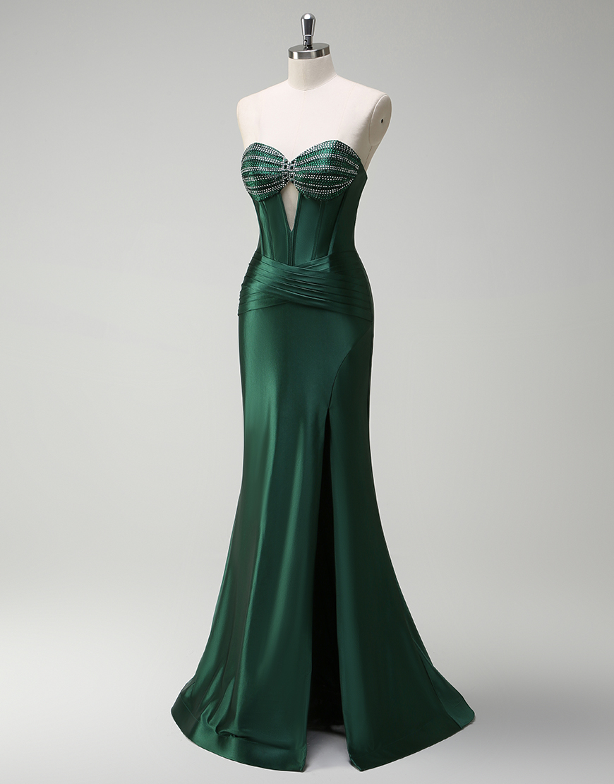 Sparkly Dark Green Mermaid Strapless Corset Satin Long Prom Dress with Slit