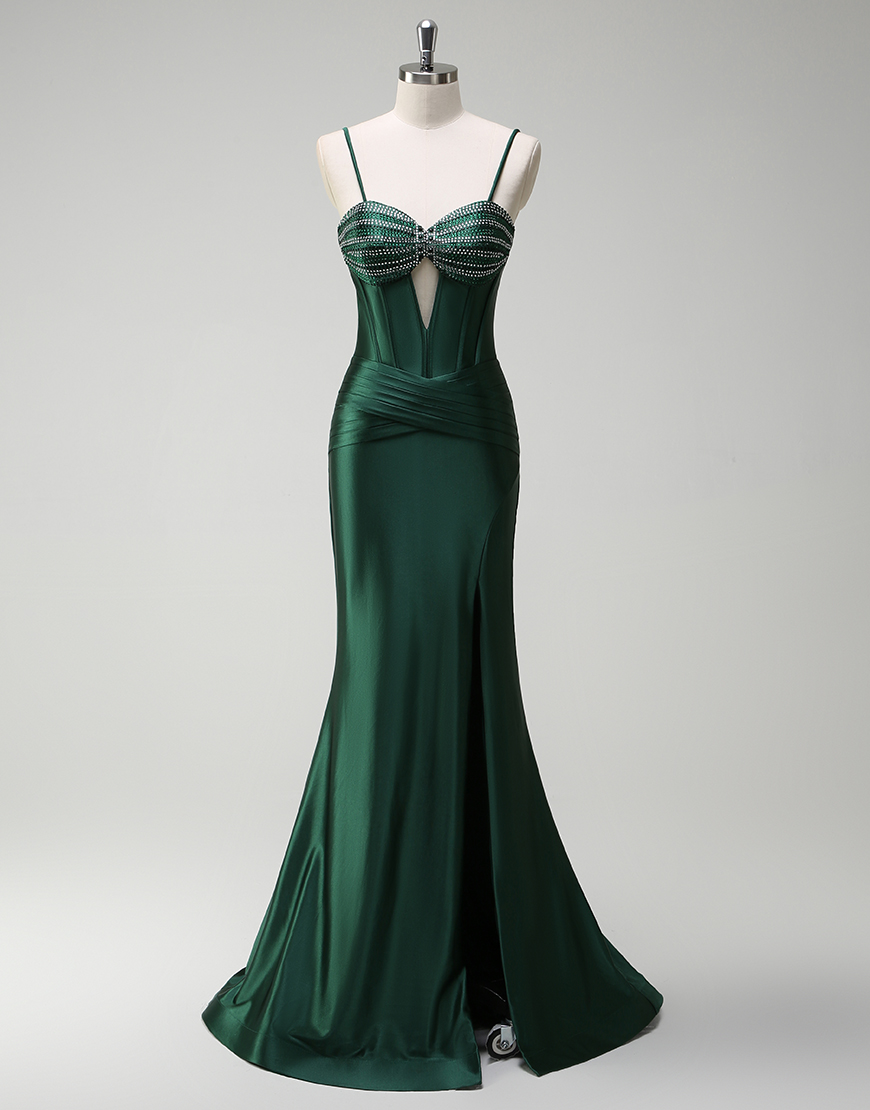 Sparkly Dark Green Mermaid Strapless Corset Satin Long Prom Dress with Slit