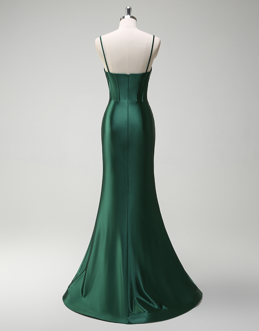 Sparkly Dark Green Mermaid Strapless Corset Satin Long Prom Dress with Slit