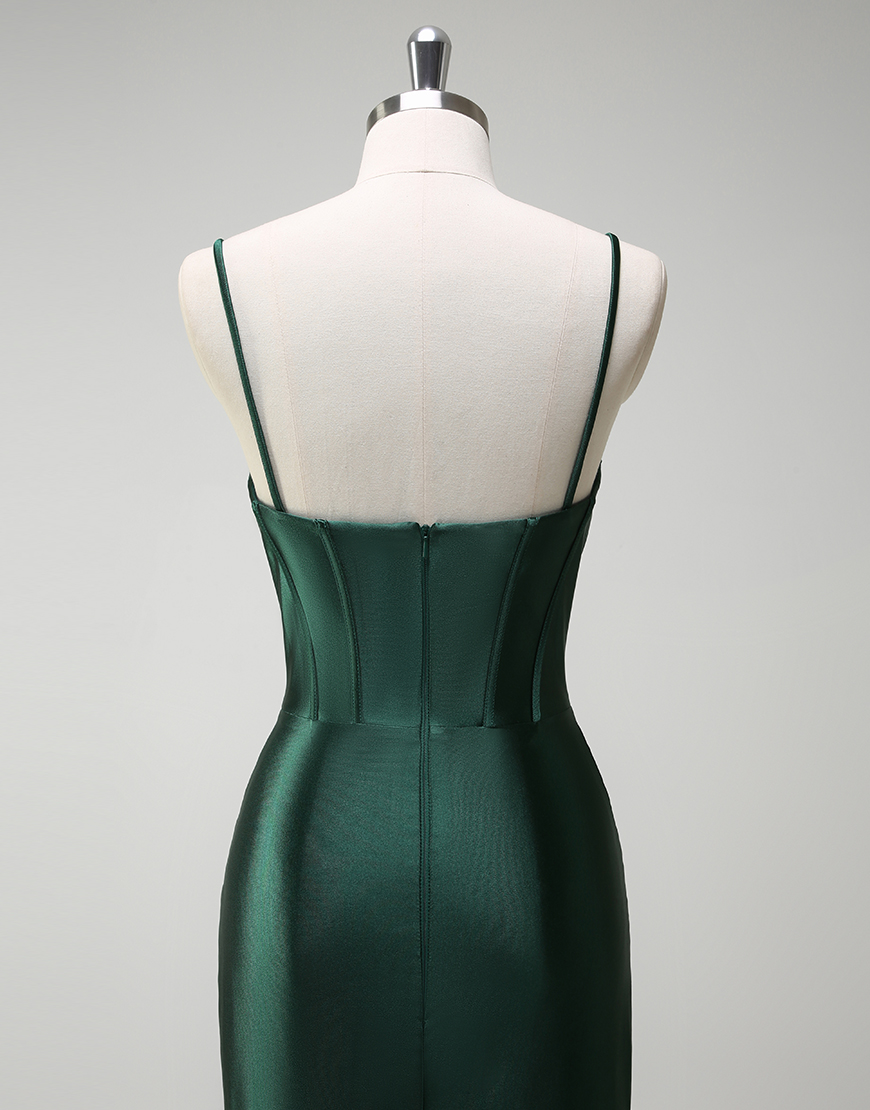 Sparkly Dark Green Mermaid Strapless Corset Satin Long Prom Dress with Slit