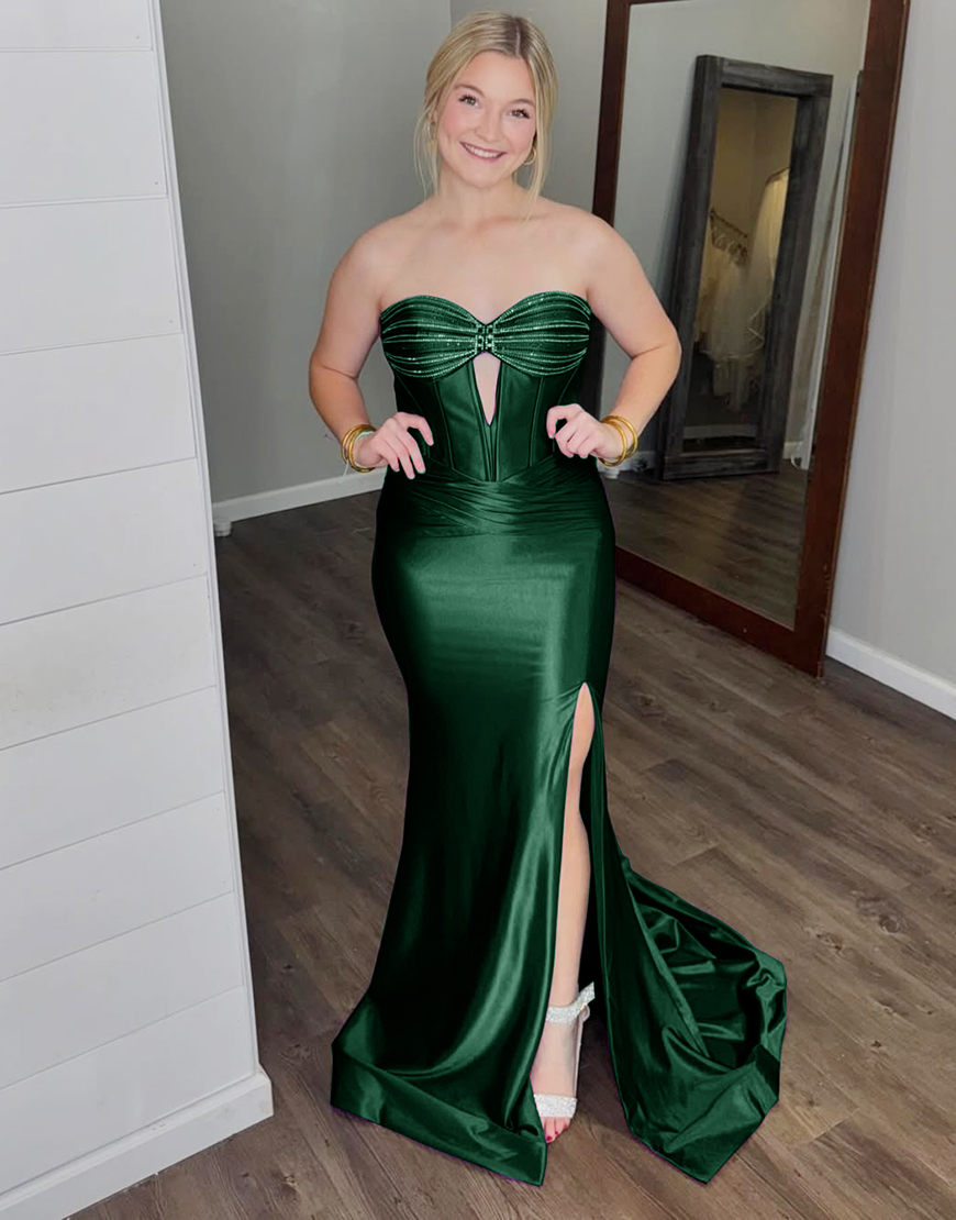 Sparkly Dark Green Mermaid Strapless Corset Satin Long Prom Dress with Slit