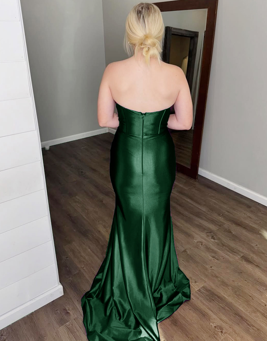 Sparkly Dark Green Mermaid Strapless Corset Satin Long Prom Dress with Slit