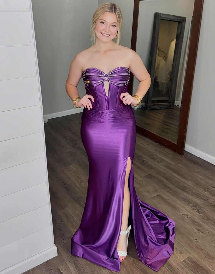 Sparkly Dark Green Mermaid Strapless Corset Satin Long Prom Dress with Slit