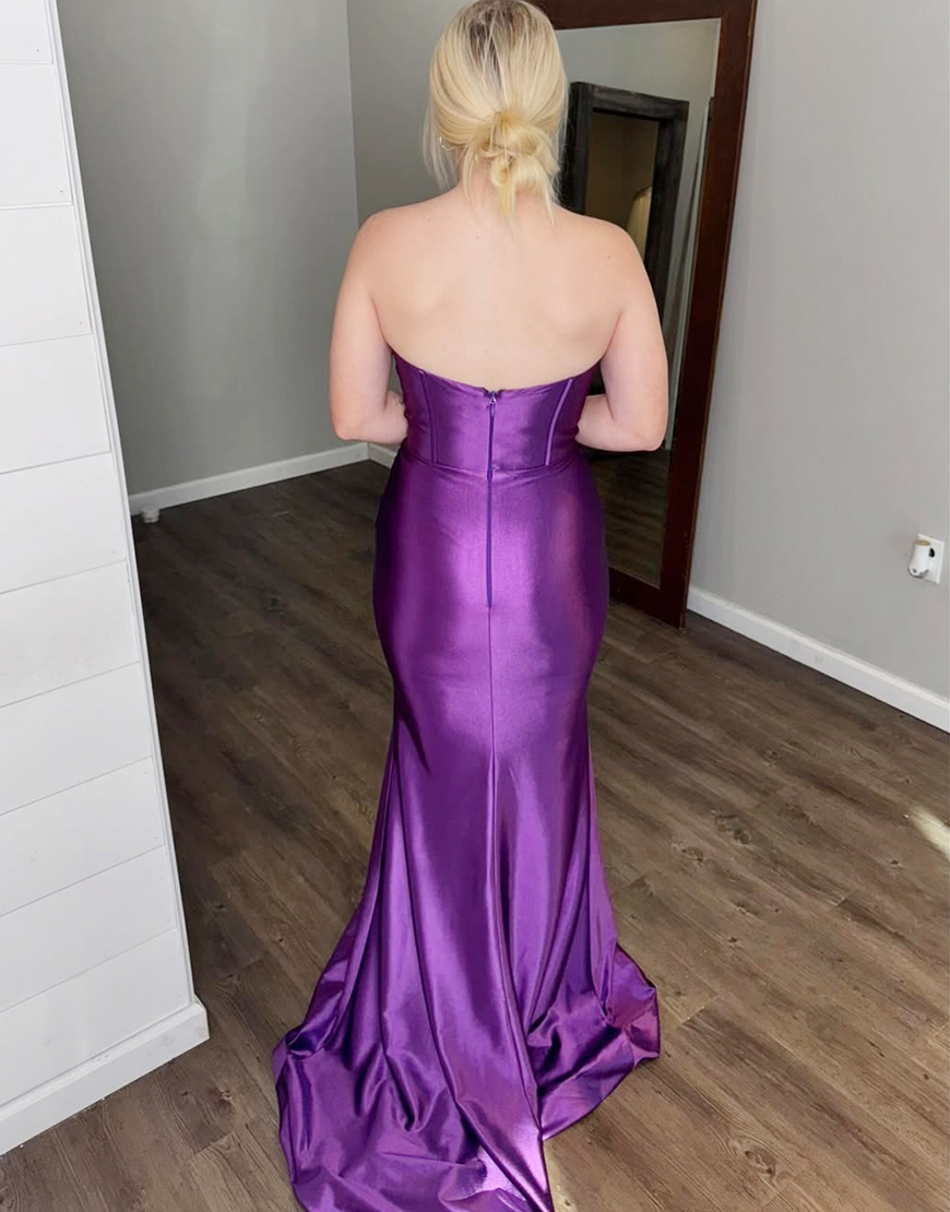 Sparkly Dark Green Mermaid Strapless Corset Satin Long Prom Dress with Slit