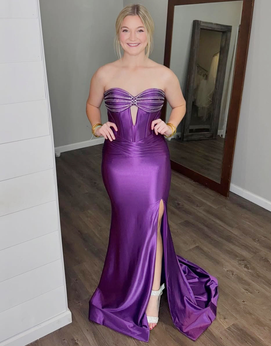 Sparkly Dark Green Mermaid Strapless Corset Satin Long Prom Dress with Slit