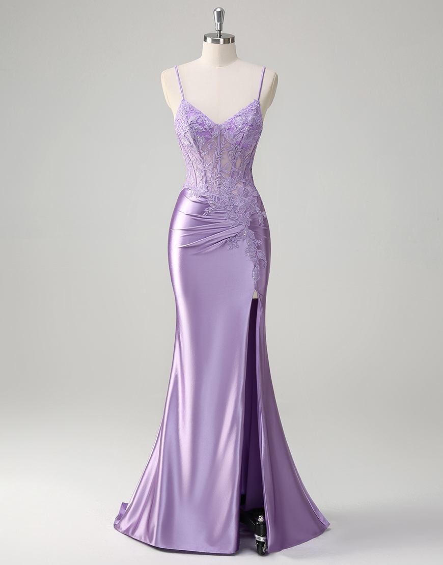 Sparkly Lilac Mermaid Spaghetti Straps Corset Appliques Long Prom Dress with Slit
