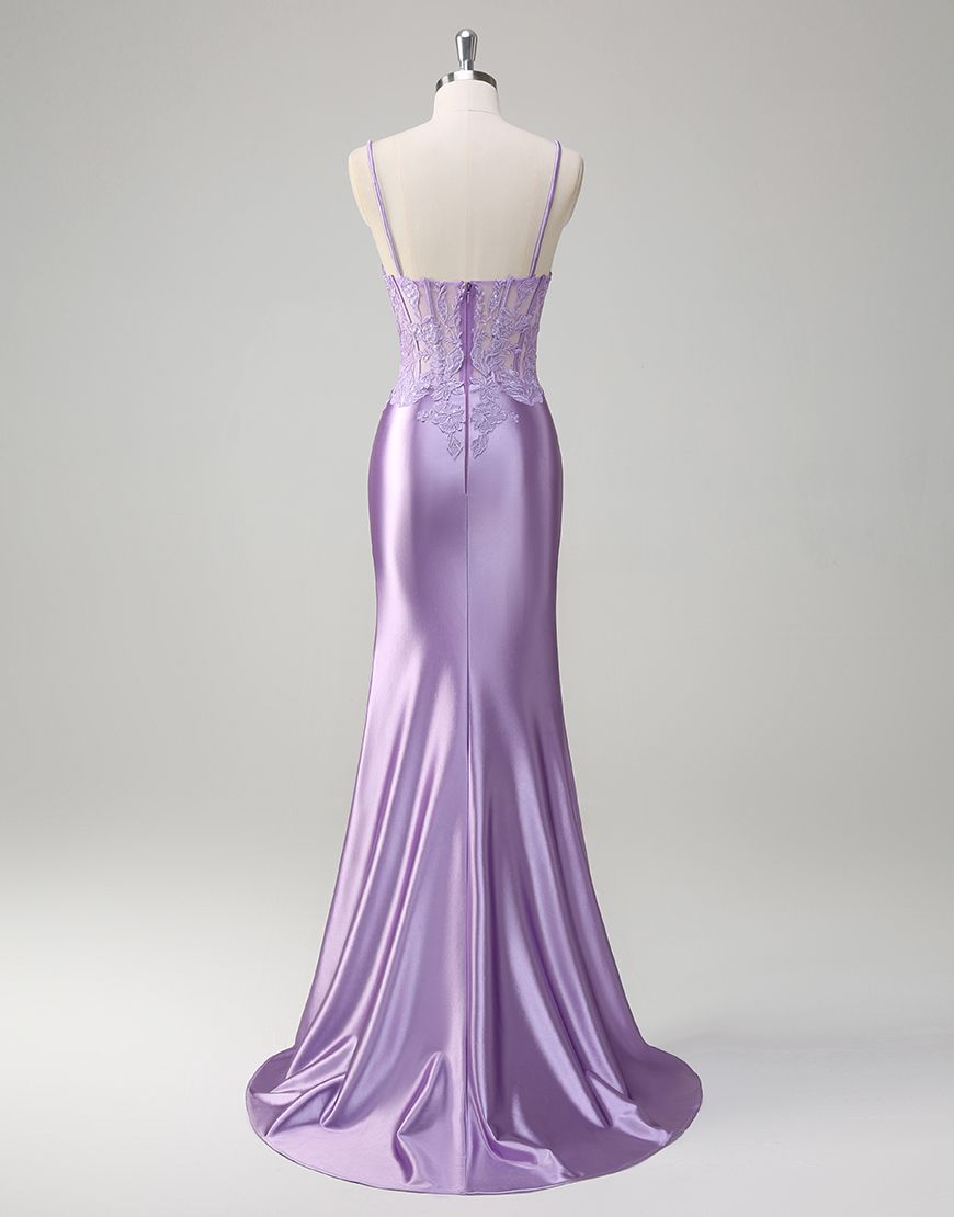 Sparkly Lilac Mermaid Spaghetti Straps Corset Appliques Long Prom Dress with Slit