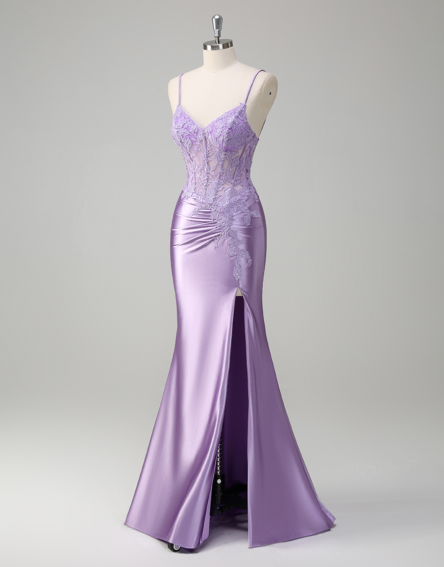 Sparkly Lilac Mermaid Spaghetti Straps Corset Appliques Long Prom Dress with Slit