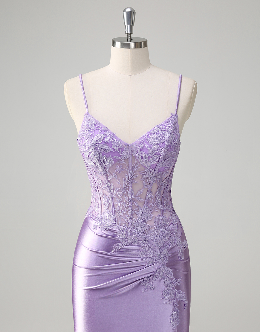 Sparkly Lilac Mermaid Spaghetti Straps Corset Appliques Long Prom Dress with Slit