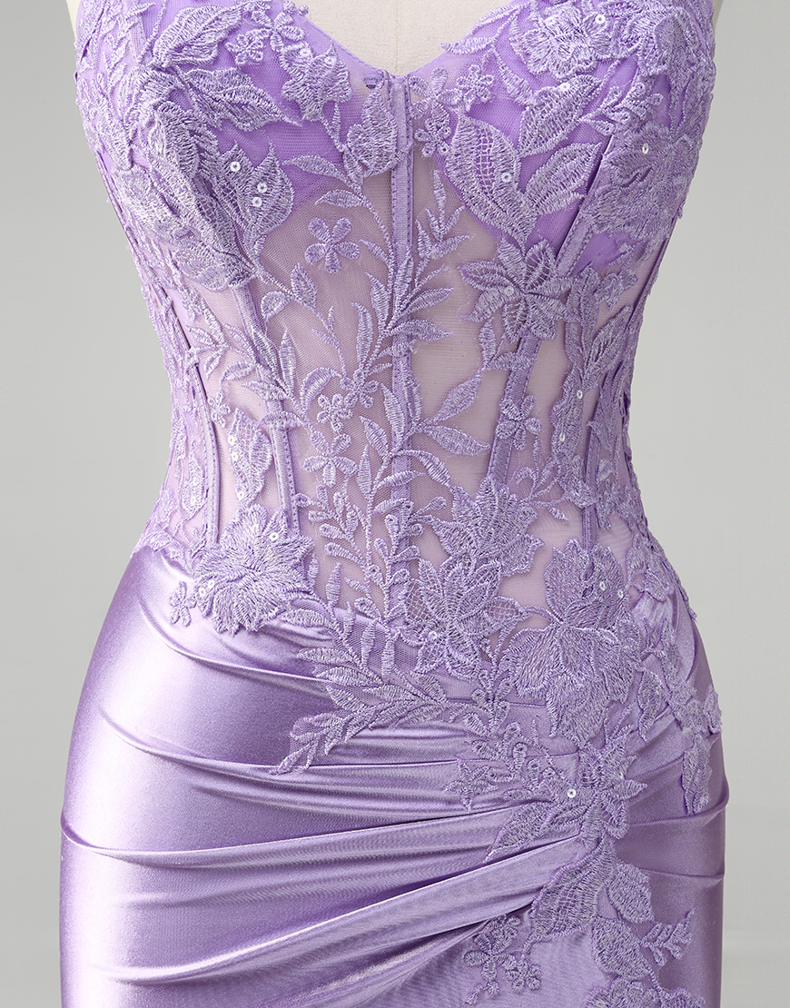 Sparkly Lilac Mermaid Spaghetti Straps Corset Appliques Long Prom Dress with Slit