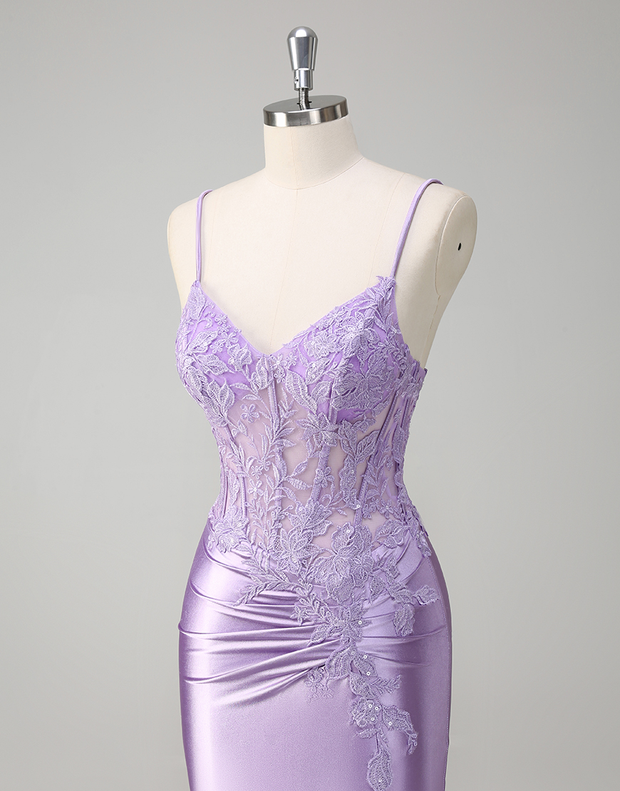 Sparkly Lilac Mermaid Spaghetti Straps Corset Appliques Long Prom Dress with Slit