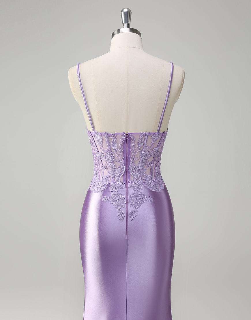 Sparkly Lilac Mermaid Spaghetti Straps Corset Appliques Long Prom Dress with Slit
