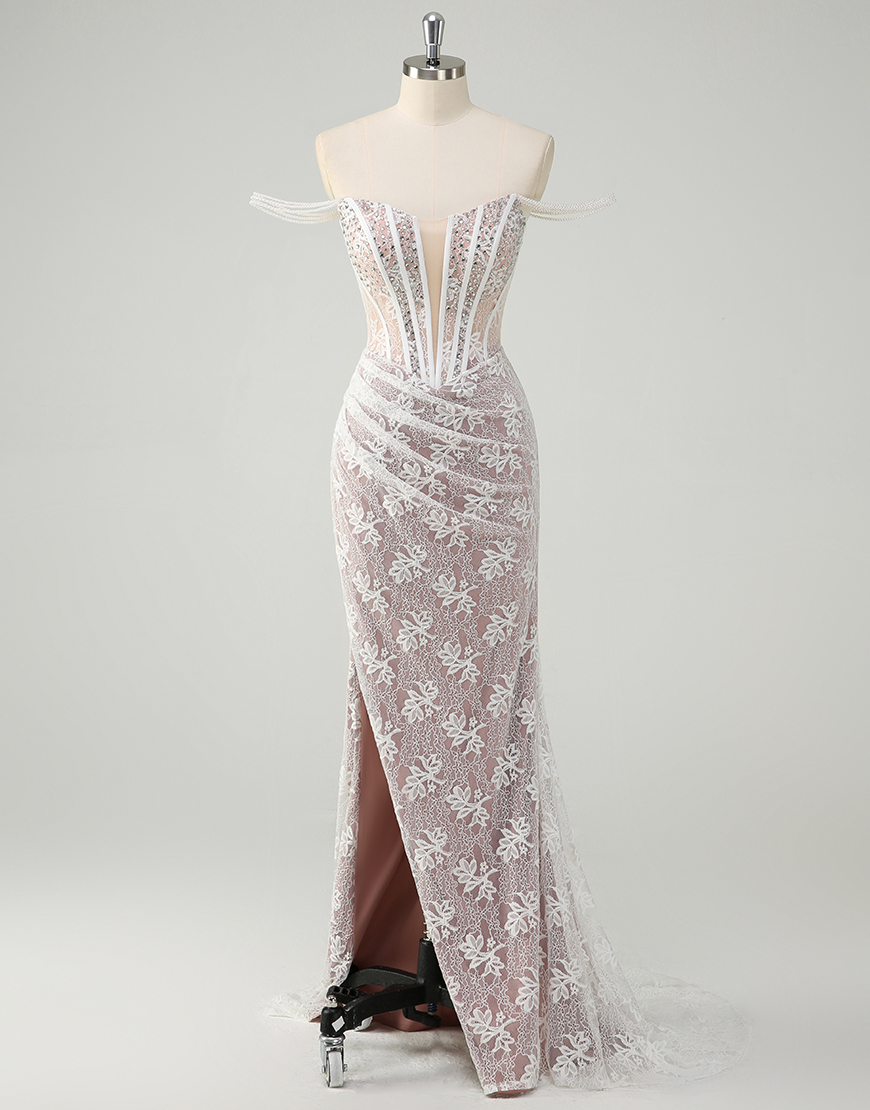 Sparkly White Mermaid Off The Shoulder Appliques Beading Long Prom Dress with Side Slit