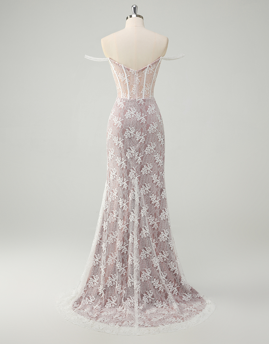 Sparkly White Mermaid Off The Shoulder Appliques Beading Long Prom Dress with Side Slit