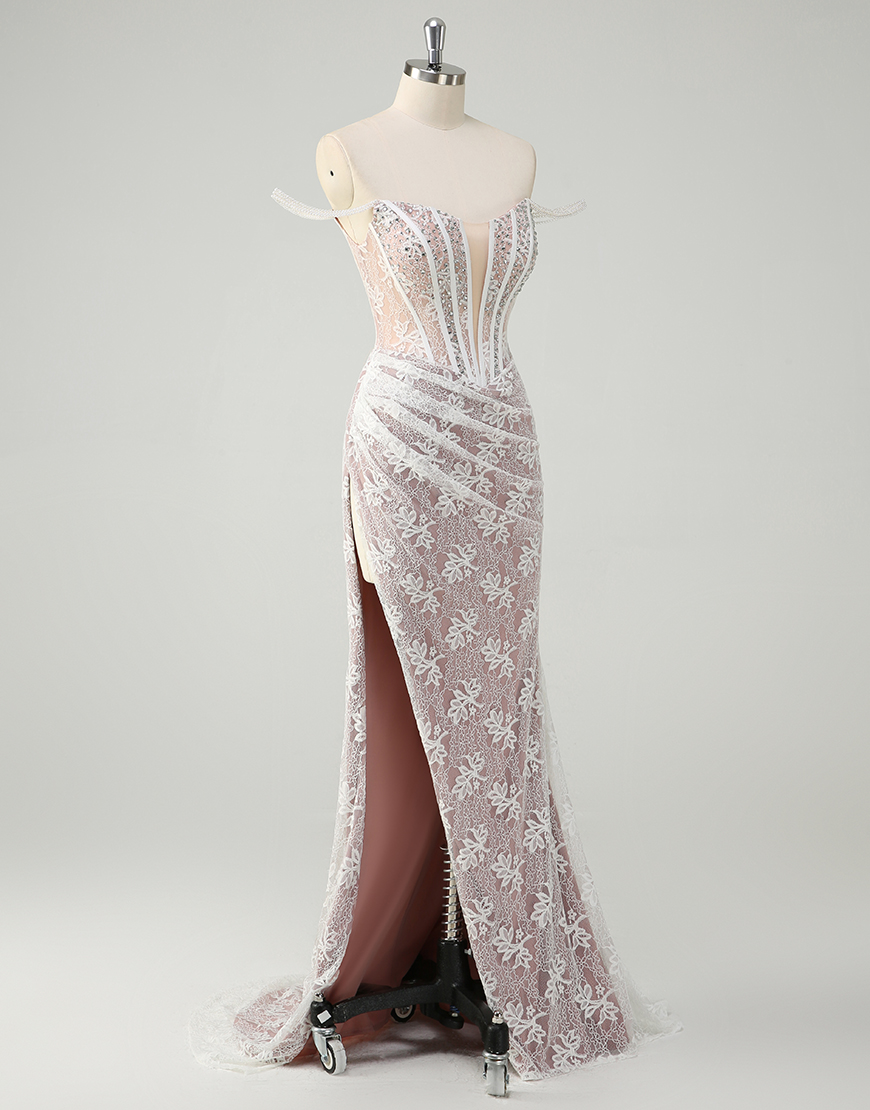 Sparkly White Mermaid Off The Shoulder Appliques Beading Long Prom Dress with Side Slit