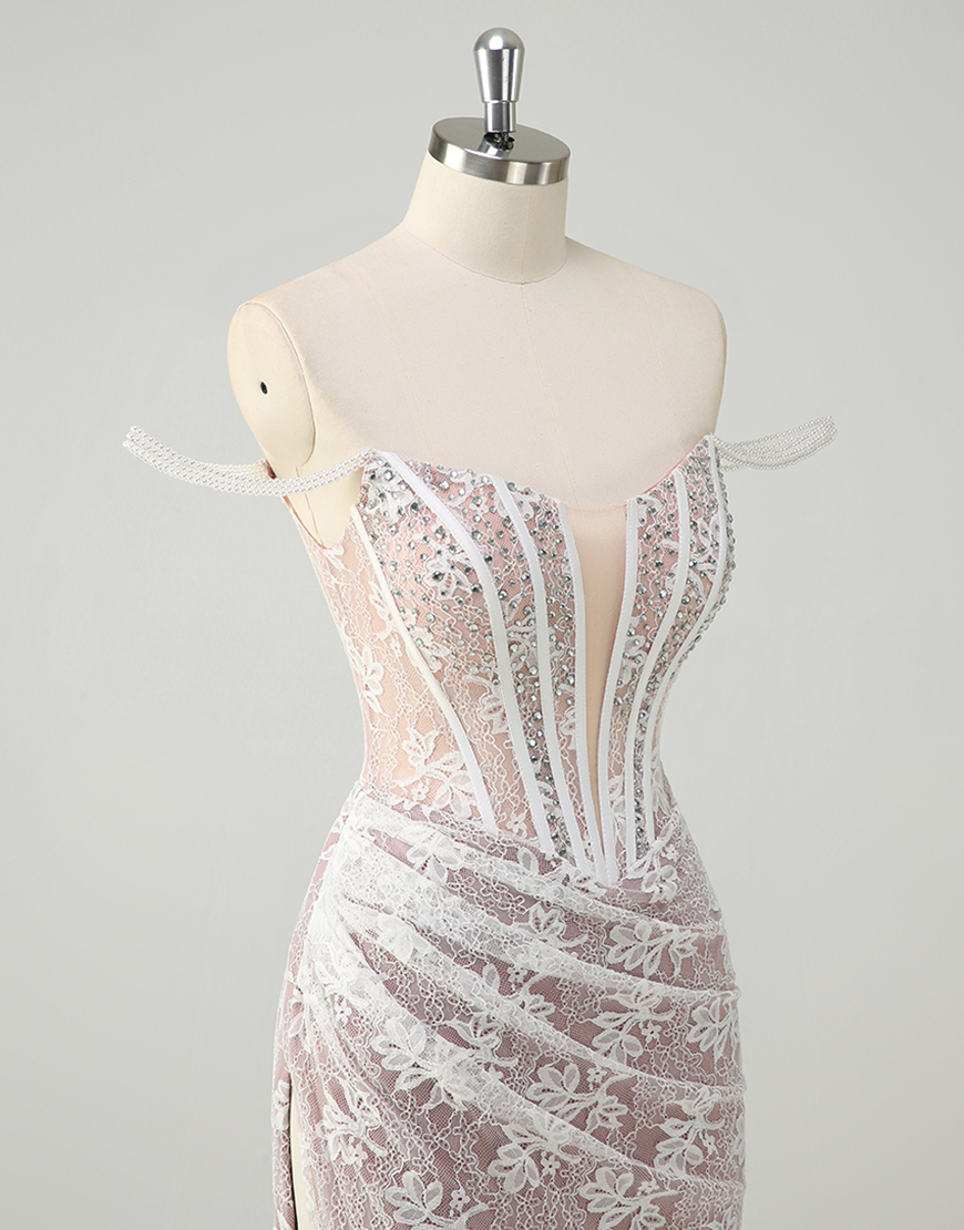 Sparkly White Mermaid Off The Shoulder Appliques Beading Long Prom Dress with Side Slit