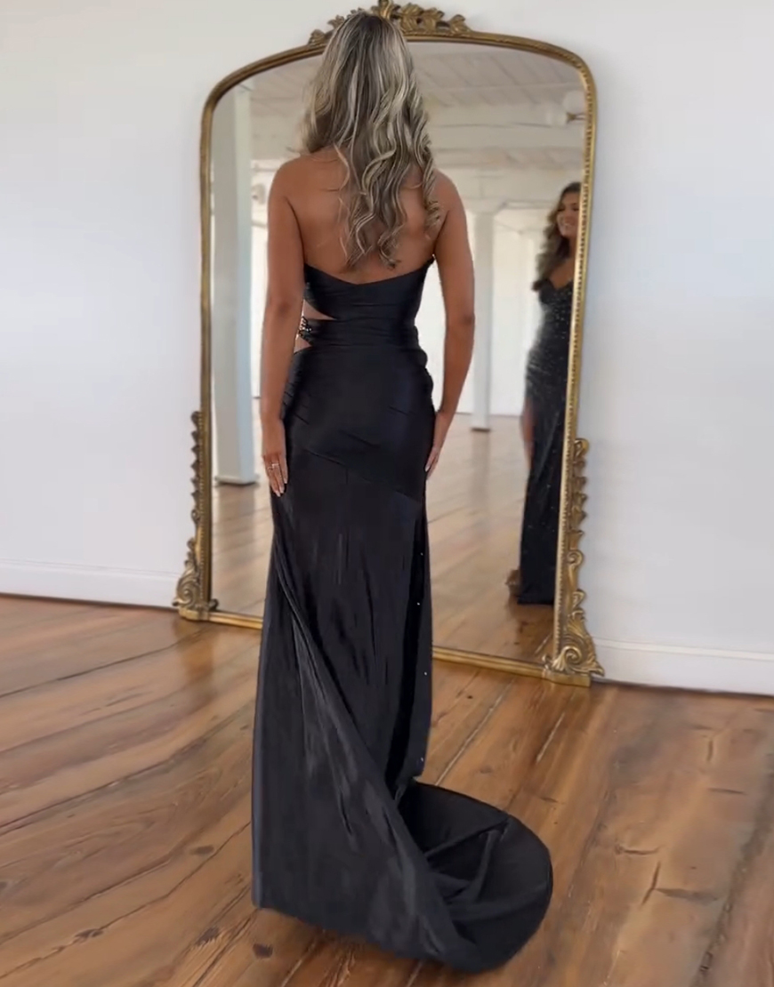 Sparkly Black Mermaid Strapless Beaded Hollow Out Satin Long Prom Dress with Slit