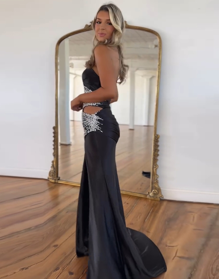 Sparkly Black Mermaid Strapless Beaded Hollow Out Satin Long Prom Dress with Slit