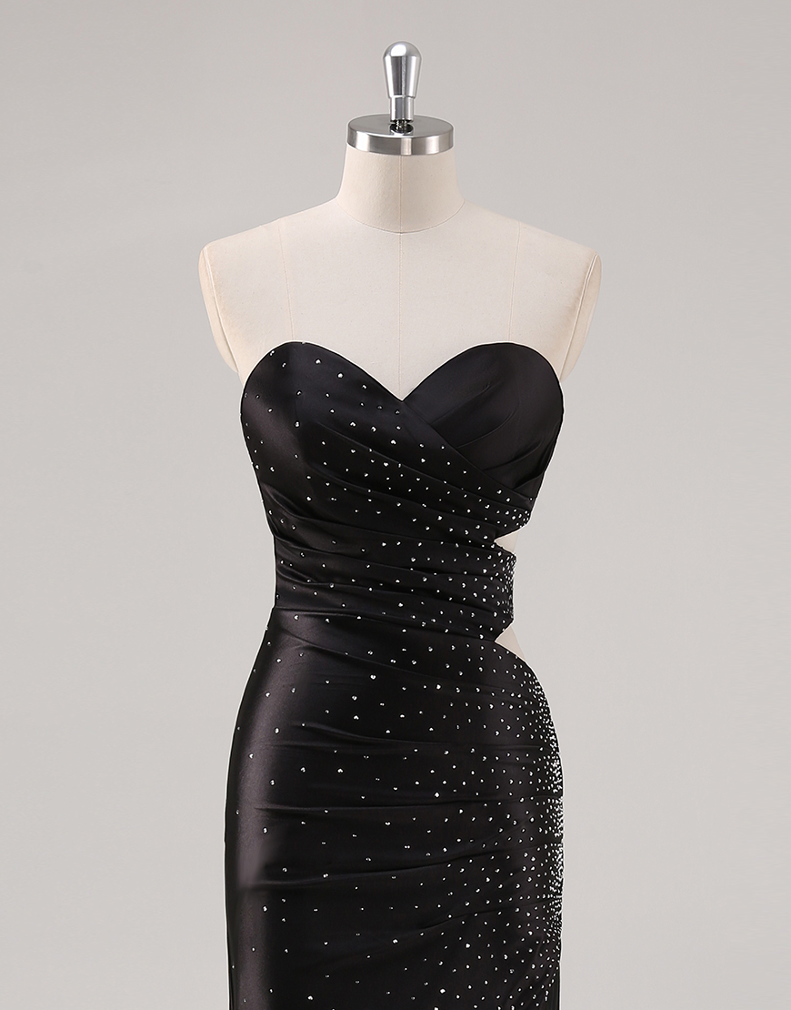 Sparkly Yellow Mermaid Strapless Beaded Hollow Out Satin Long Prom Dress with Slit