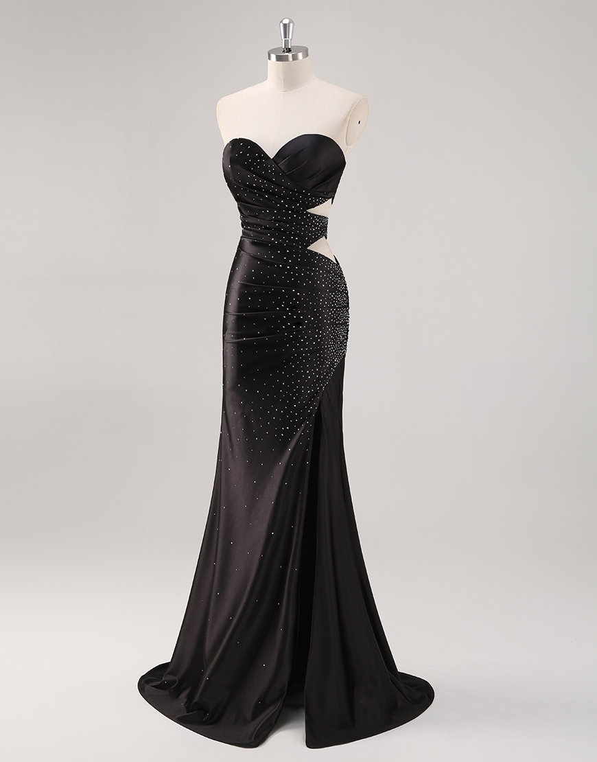 Sparkly Yellow Mermaid Strapless Beaded Hollow Out Satin Long Prom Dress with Slit