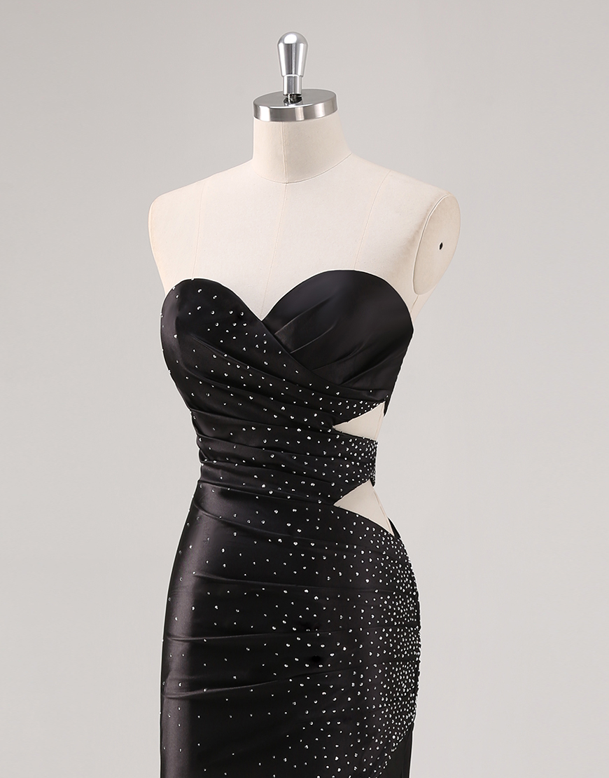 Sparkly Yellow Mermaid Strapless Beaded Hollow Out Satin Long Prom Dress with Slit