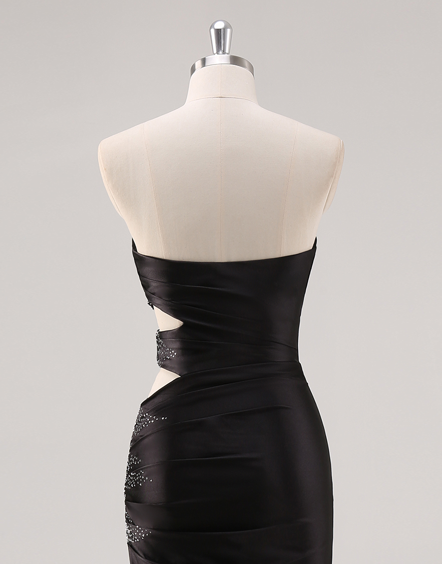 Sparkly Yellow Mermaid Strapless Beaded Hollow Out Satin Long Prom Dress with Slit