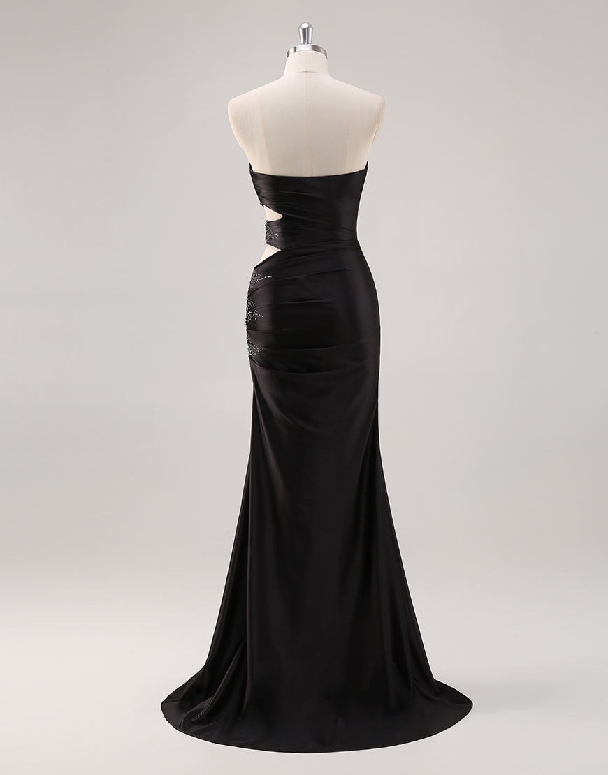 Sparkly Yellow Mermaid Strapless Beaded Hollow Out Satin Long Prom Dress with Slit