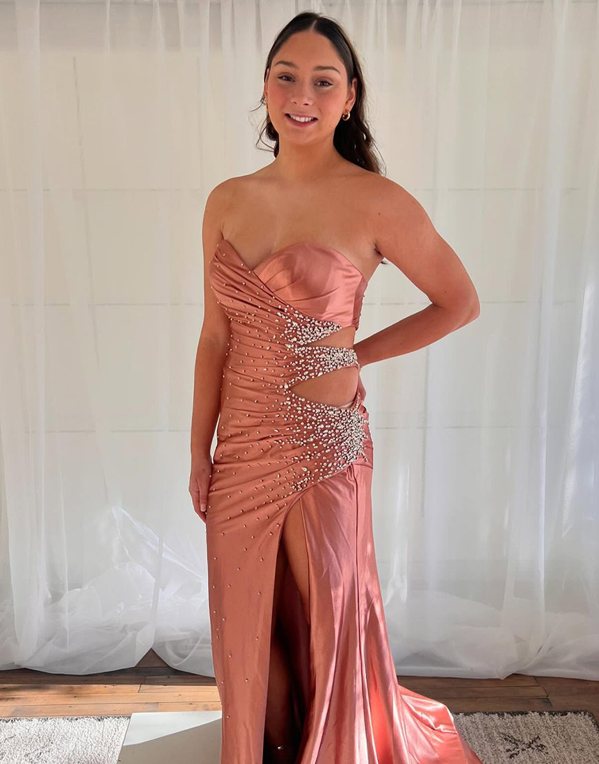 Sparkly Yellow Mermaid Strapless Beaded Hollow Out Satin Long Prom Dress with Slit