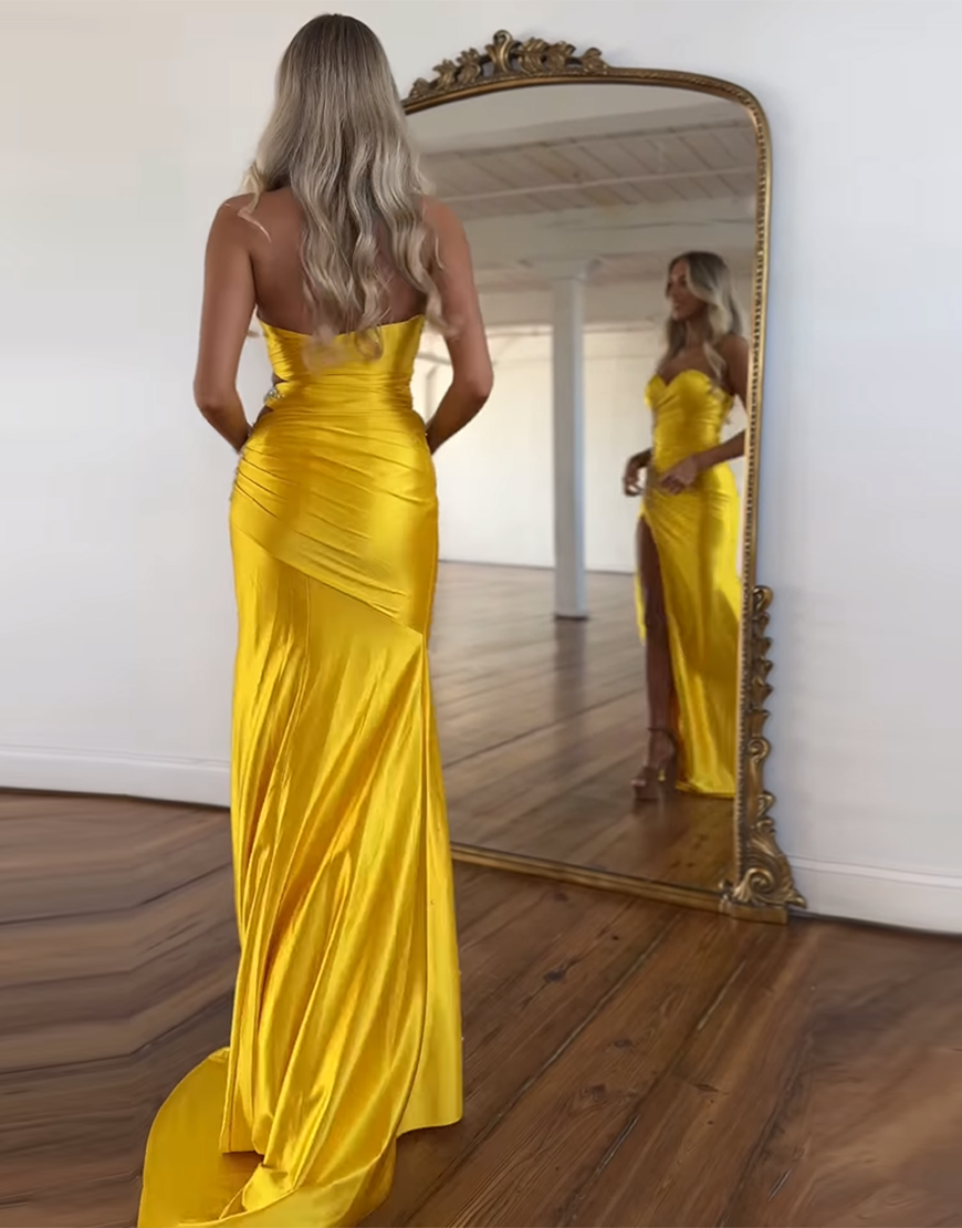 Sparkly Black Mermaid Strapless Beaded Hollow Out Satin Long Prom Dress with Slit