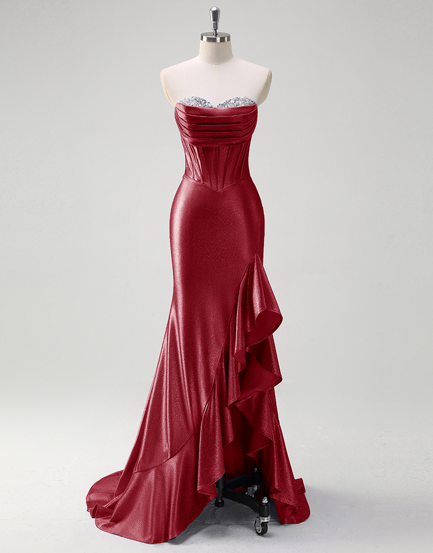 Grey Blue Mermaid Strapless Rhinestones Corset Satin Long Prom Dress with Ruffles Slit