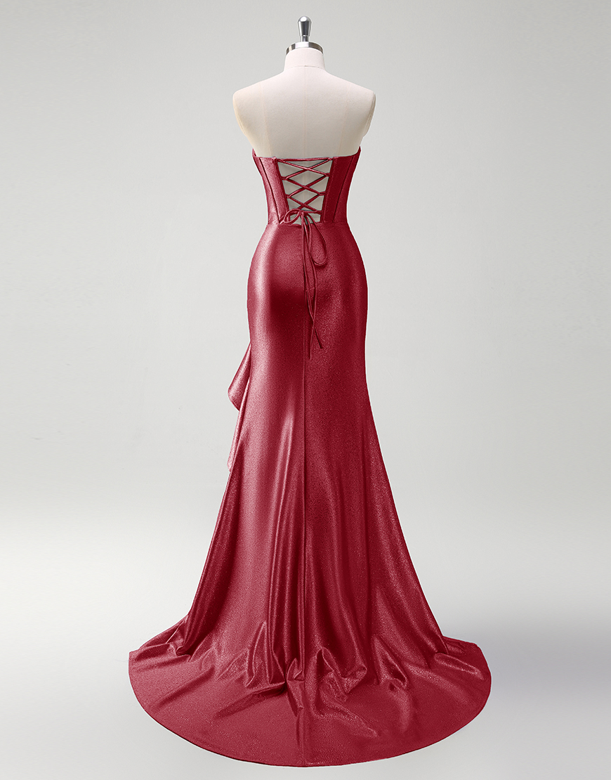 Grey Blue Mermaid Strapless Rhinestones Corset Satin Long Prom Dress with Ruffles Slit