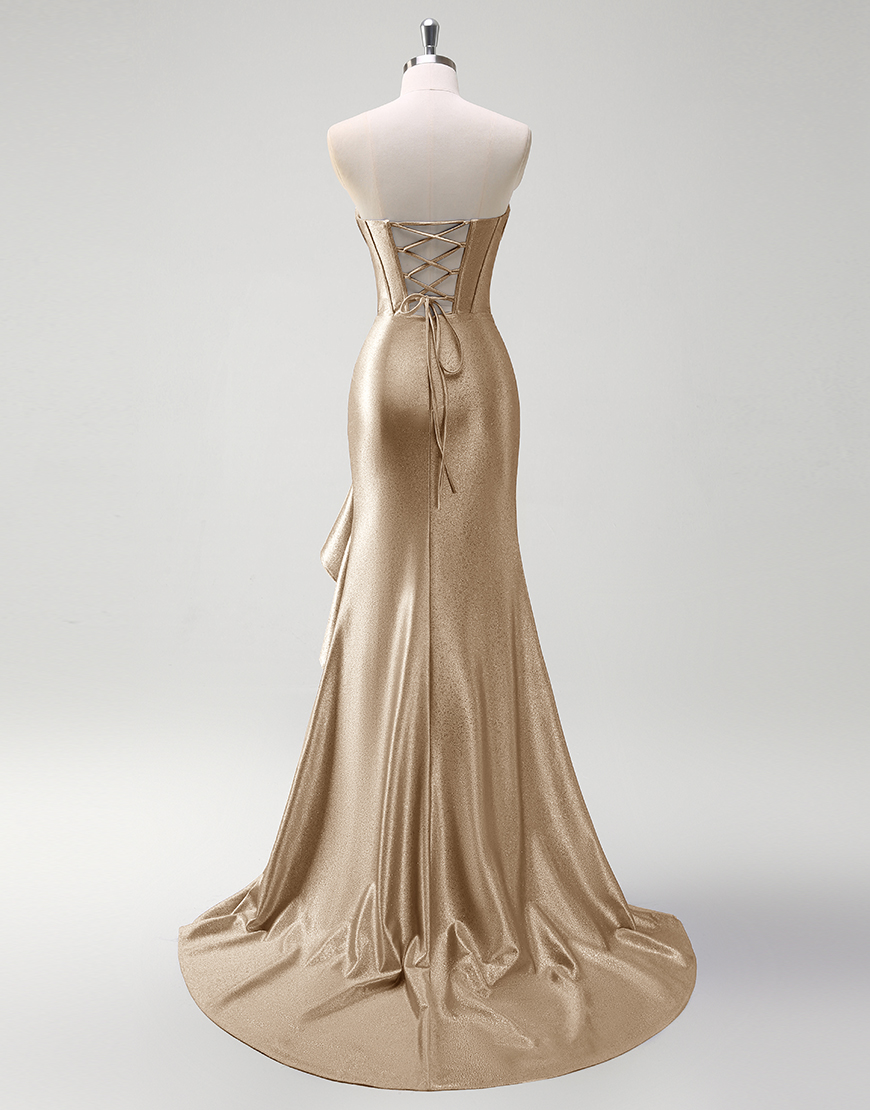 Grey Blue Mermaid Strapless Rhinestones Corset Satin Long Prom Dress with Ruffles Slit