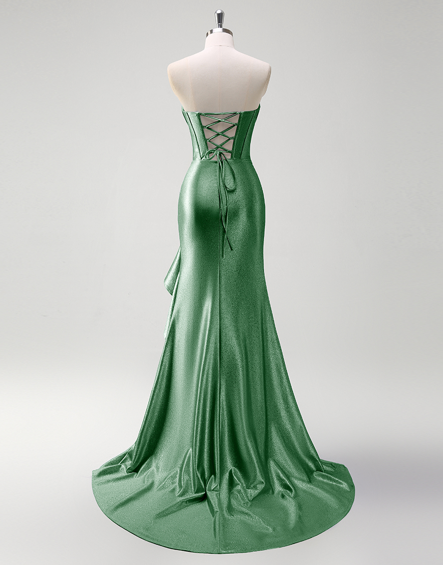 Grey Blue Mermaid Strapless Rhinestones Corset Satin Long Prom Dress with Ruffles Slit