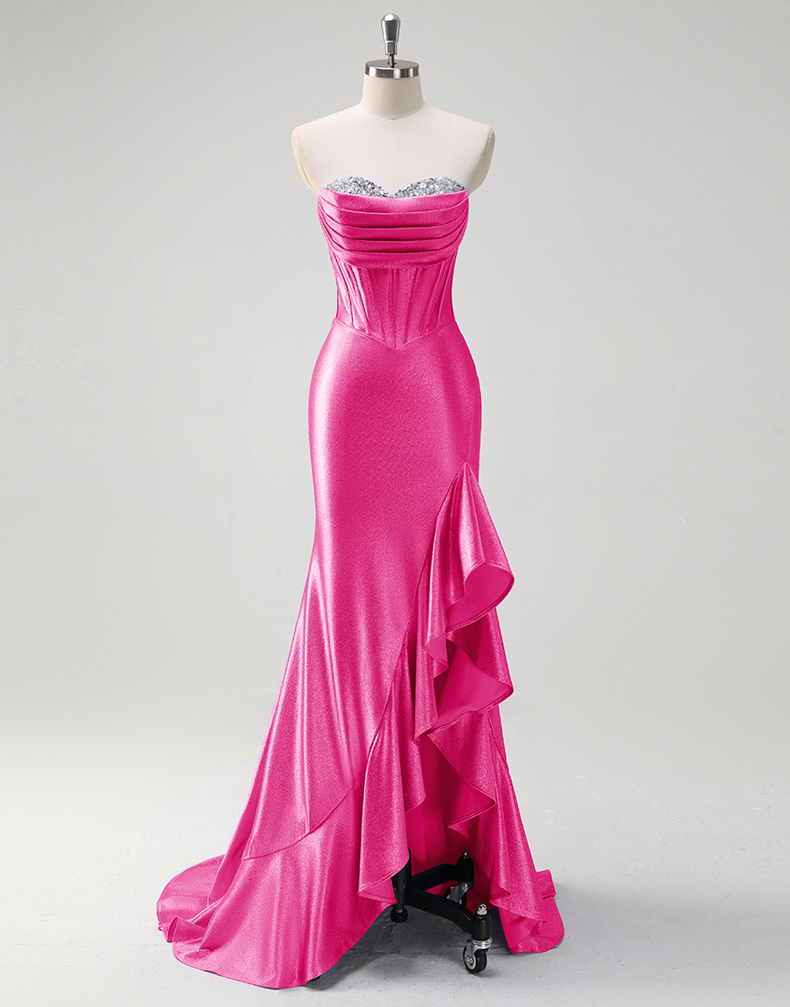 Grey Blue Mermaid Strapless Rhinestones Corset Satin Long Prom Dress with Ruffles Slit