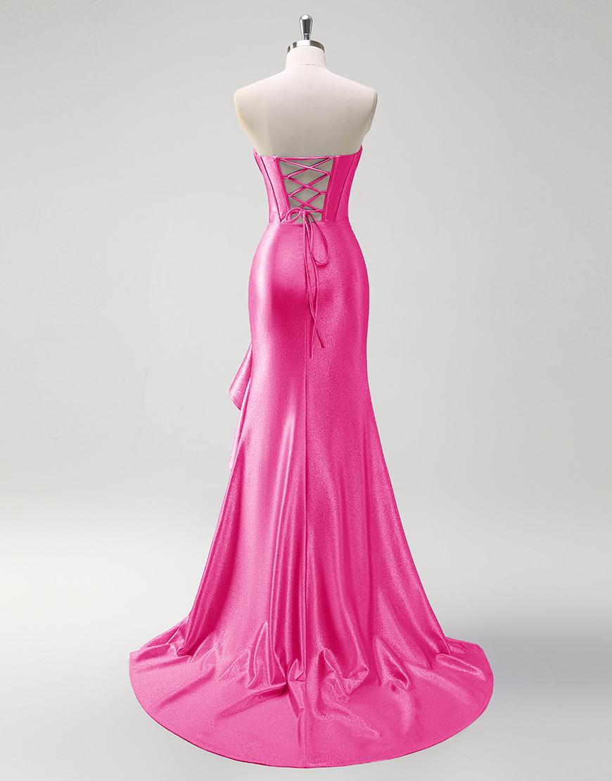 Grey Blue Mermaid Strapless Rhinestones Corset Satin Long Prom Dress with Ruffles Slit